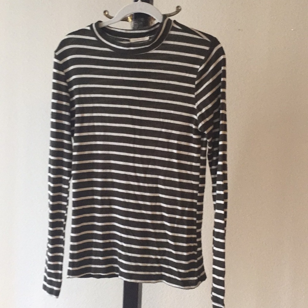Olive Green Striped Turtleneck Sweater